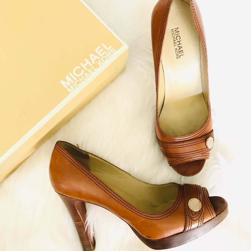 Michael Kors tan leather open toe heels 9.5